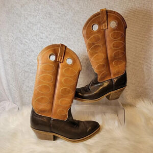 Vintage Acme Cognac Deep Brown Two Toned Cowboy Western Boots Pull On‎ Retro